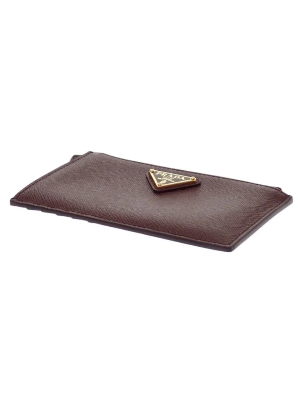 Prada Saffiano Triangle Card Case Bordeaux Burgundy Gold Genus